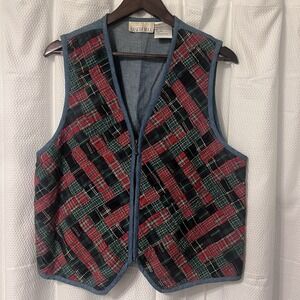 VTG Casey & Max Denim Vest Lattice Quilt Cottagecore Size L Cotton Madras Plaid